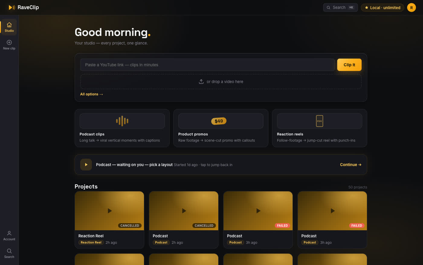 RaveClip Studio dashboard